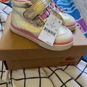 See Kai Run Shimmering Gold Sneakers with Pink Trim